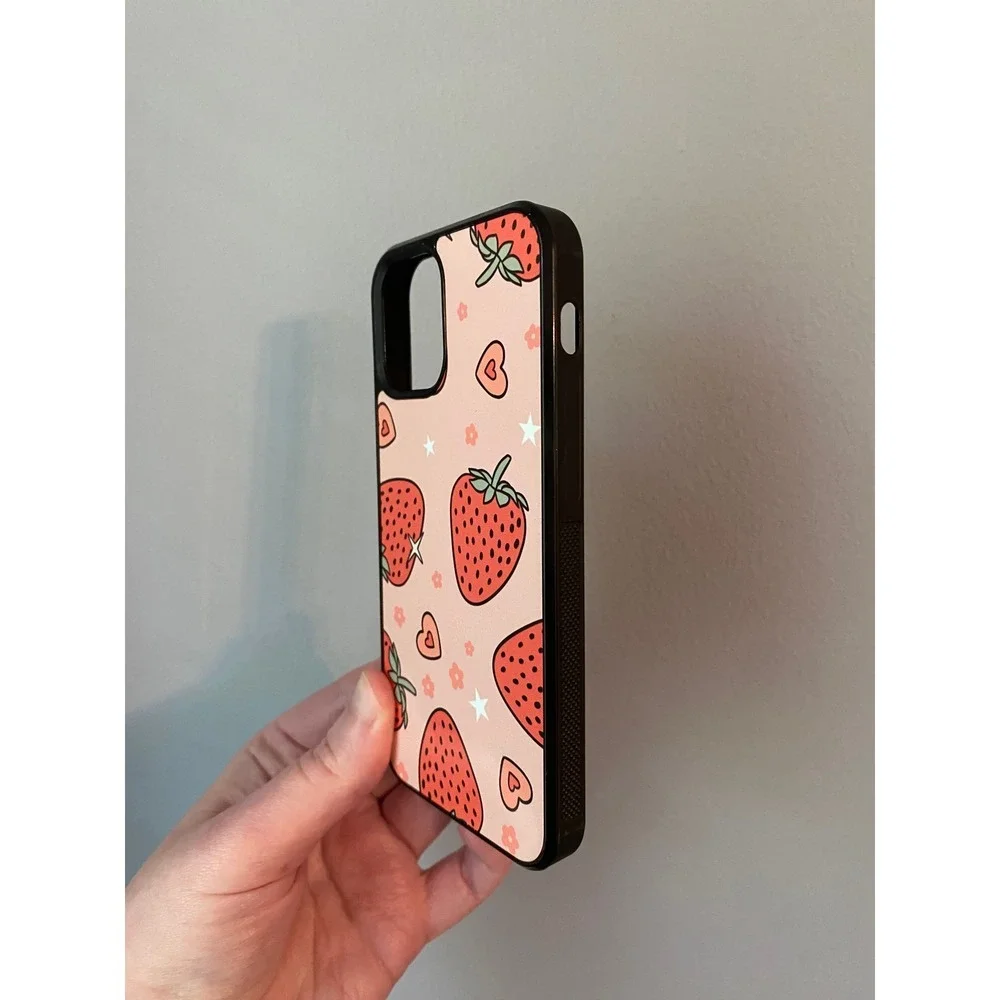 iPhone 12 Mini Phone Case Pink Strawberry Heart Print Cottagecore Aesthetic